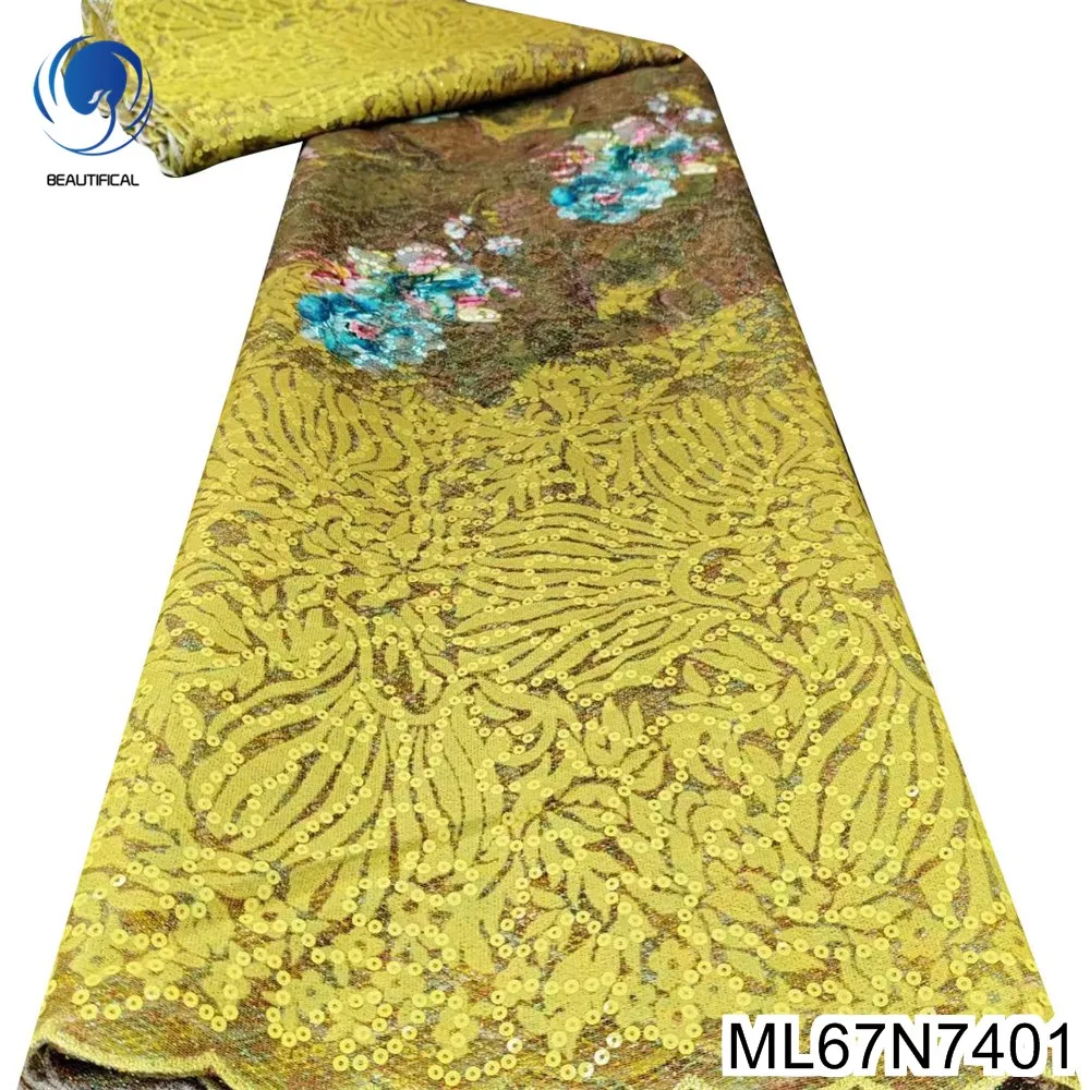 

Exquisite Luxury Flocking Sequence Printing Technology French Tulle Lace African Sequin Fabric for Party Dress ML67N74