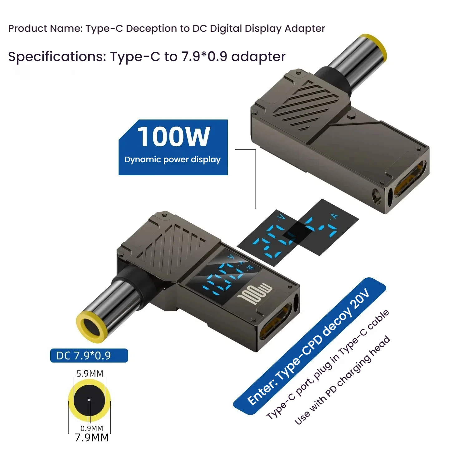 100W Laptop Power Charger Converter - Type-C to DC Male Adapter