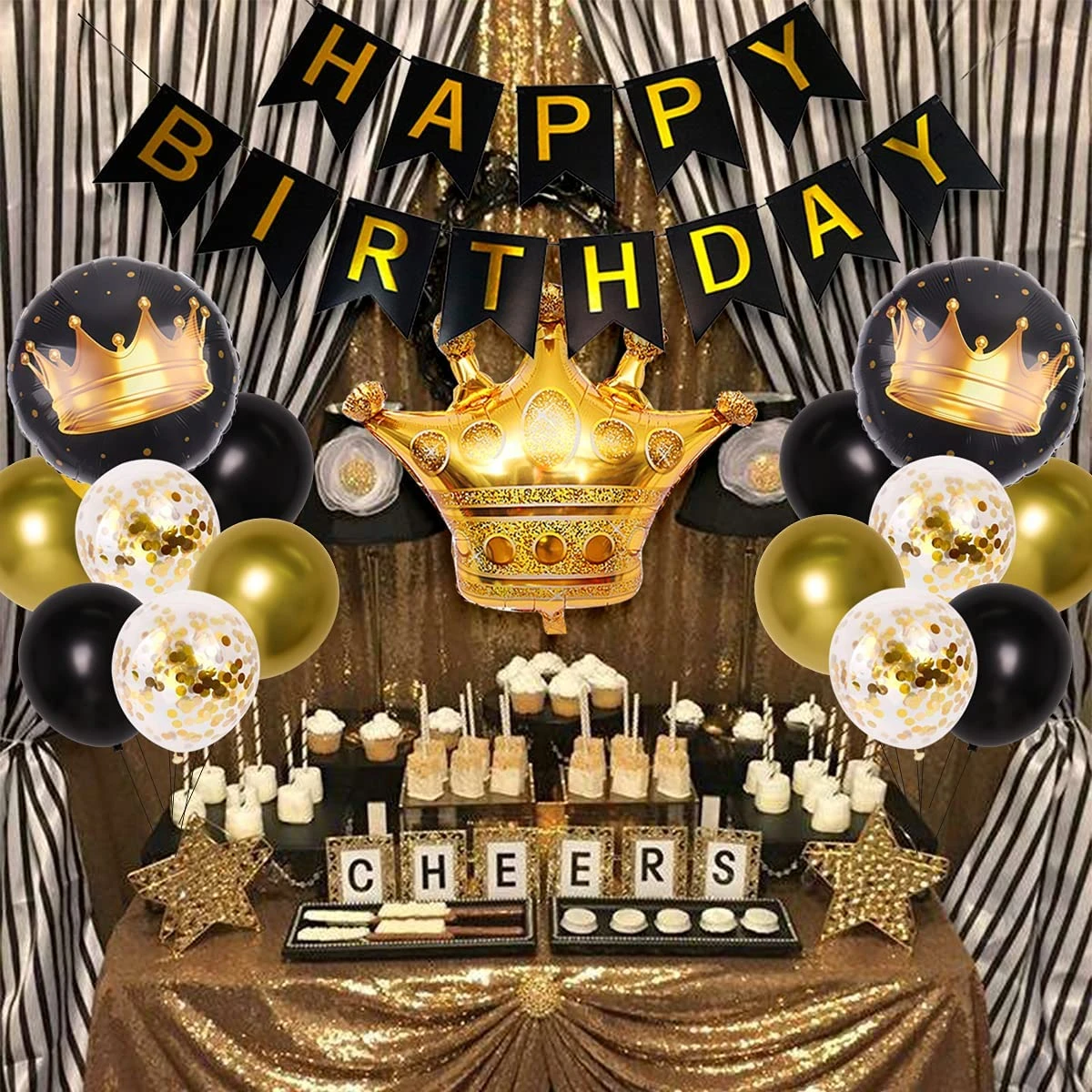 Jollyboom Black Gold Happy Birthday Balloon Set With Birthday King Cake Topper Crown Foil Balloon For Boys Birthday Decoration Ballons Accessories Aliexpress