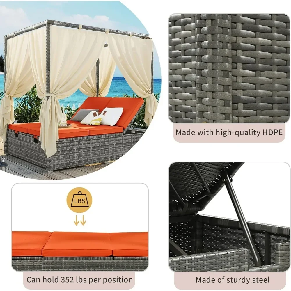 Outdoor Daybed with Curtain Canopy Bed Patio Furniture Adjustable Sunbed Set All-Weather Rattan Sun Lounger Patio Wicker Sofa 5