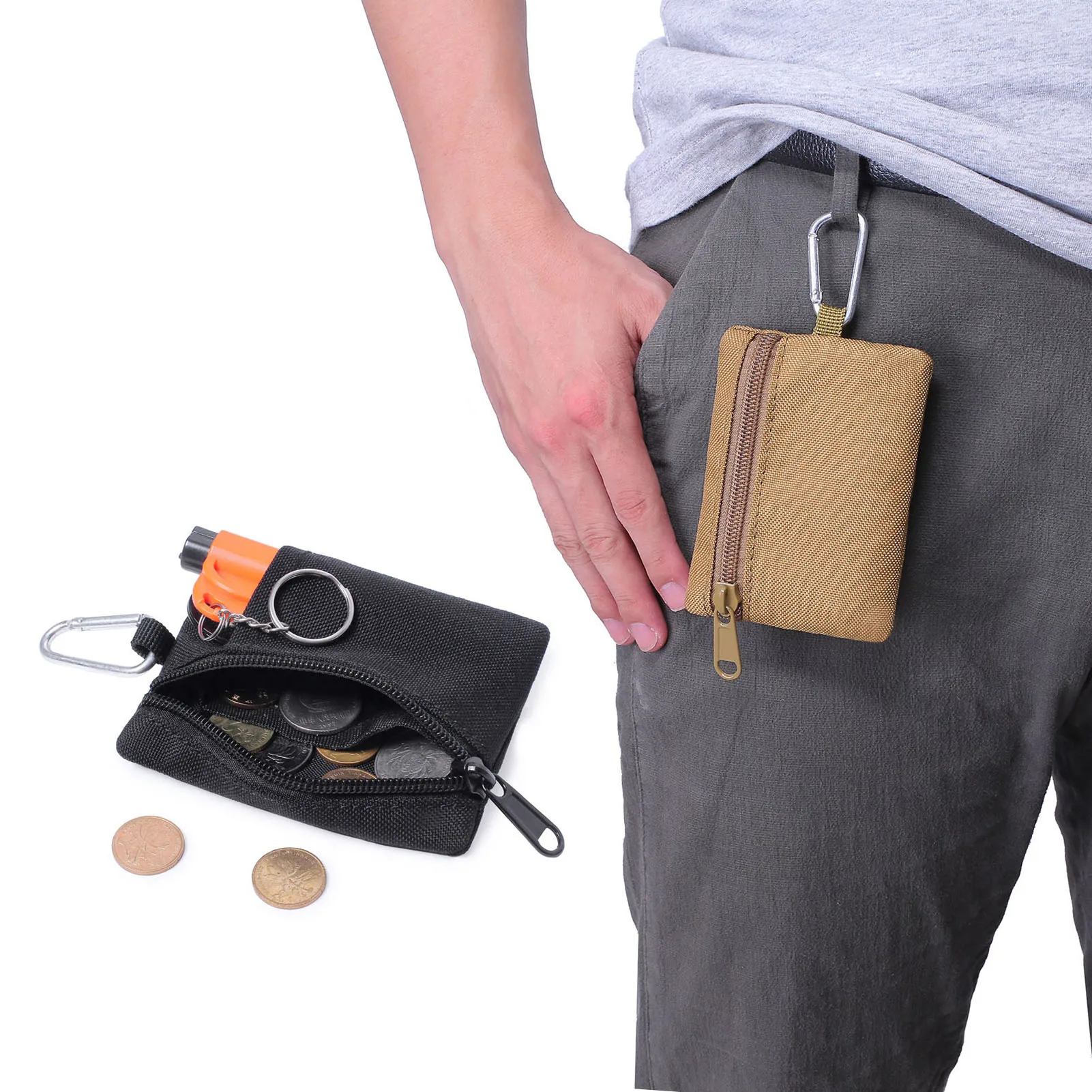

Nylon Mini Portable Coin Purse Outdoor Key Case Purse Zipper Card Holder Wallet Carabiner Small Waist Pouch