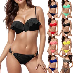 2024 New Push Up Sexy Bikini Set High Waist Swimsuit Women Swimwear Mujer Lace Ruffle Bandage Bathing Suit 2 Piece Set Swimming