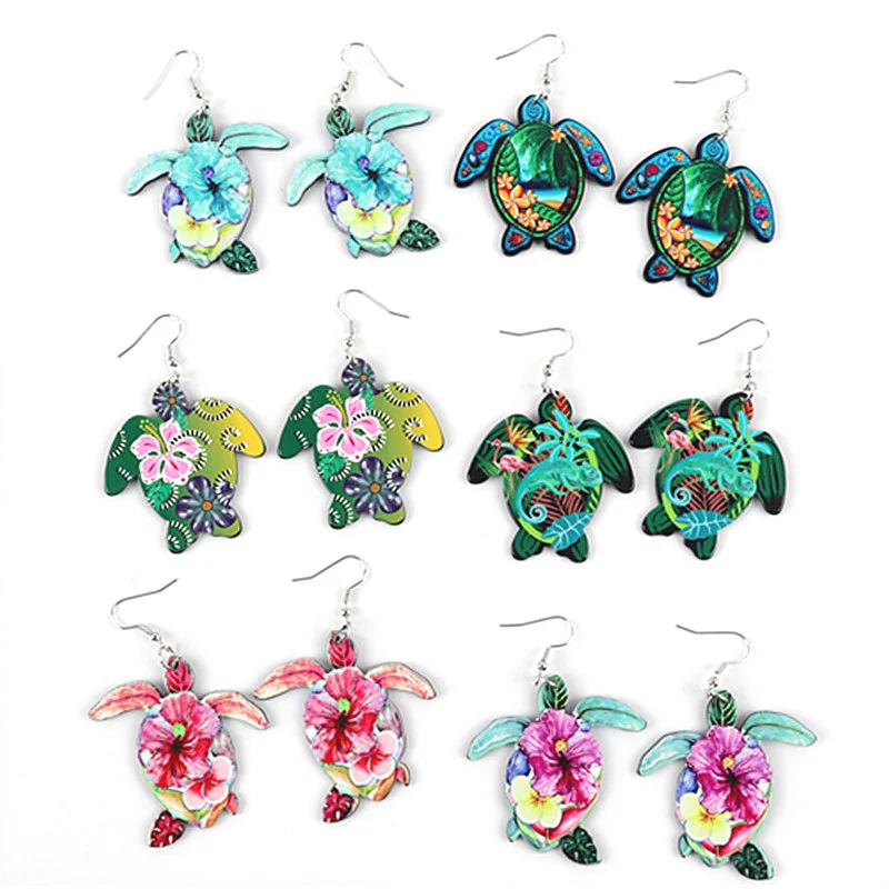 

12pcs Samoan Sea Turtle Acrylic Earrings for Women Colorful Flower Dangle Drop Earring Party Jewelry Gift