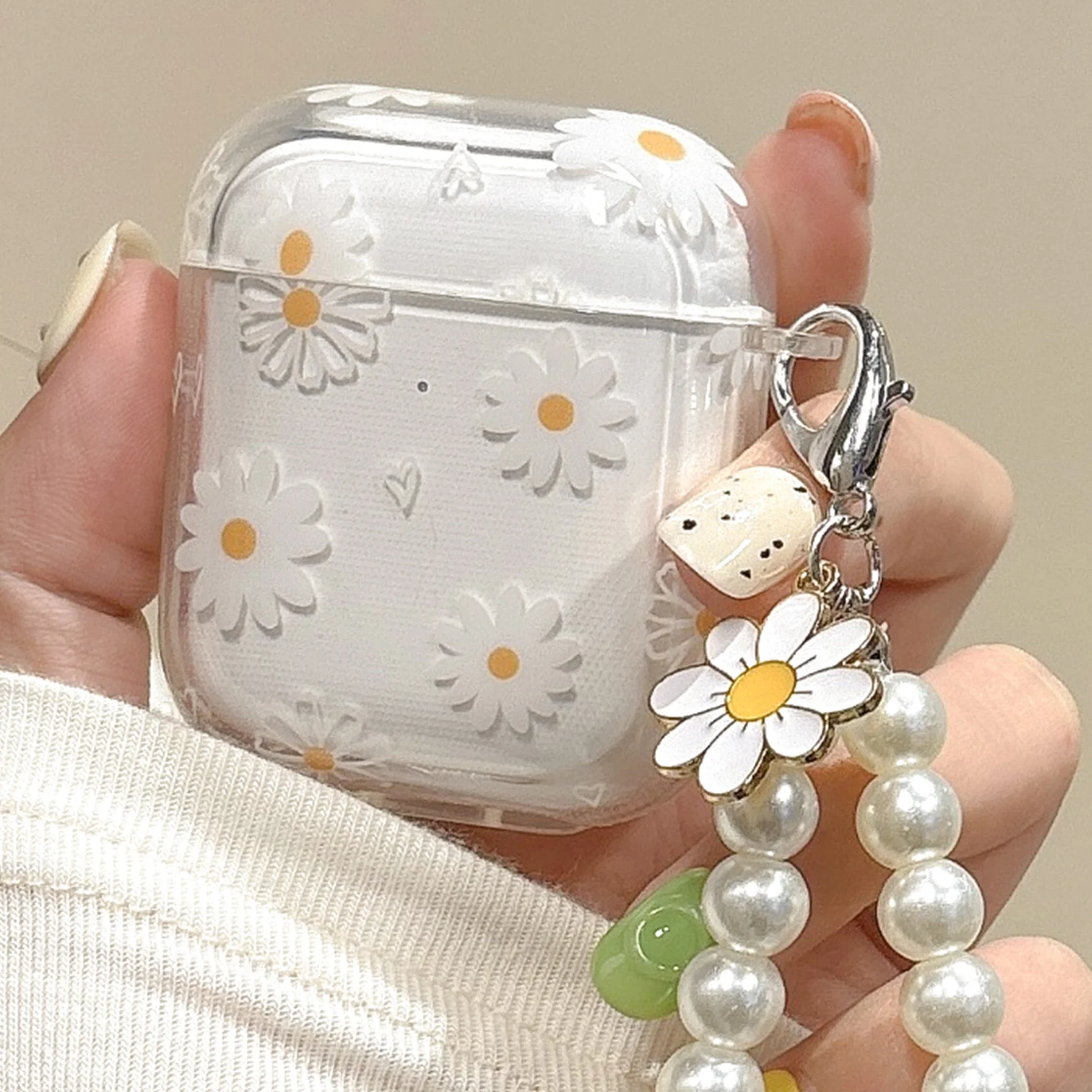 Floral TPU Bluetooth Earphone Cover with Imitation Pearl Chain