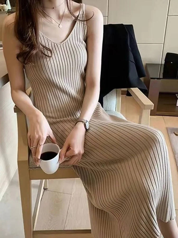 New Fashion Sleeveless Lady Elegant Office Knit Clothes Sexy Slip Dress for Women Autumn Spring Knitted Bottoming Long Dresses
