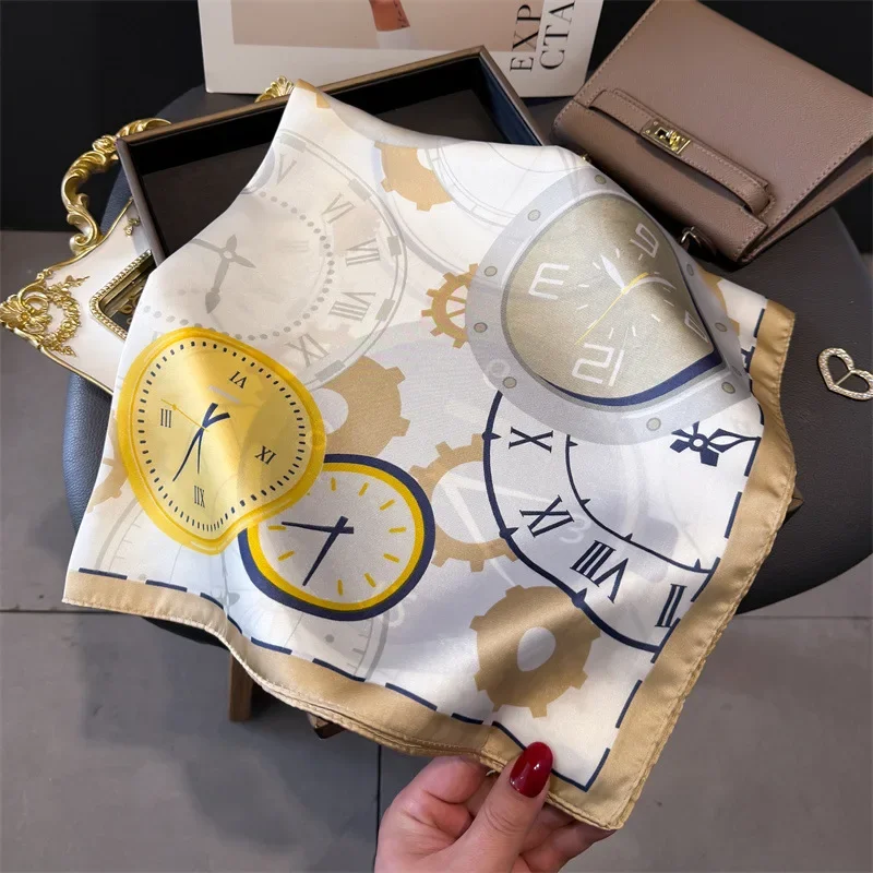 Uhr Muster Luxus Quadratische Schals Damen Satin Schal Bandana Halstuch Krawatten Haarbänder Taschen Foulard Schal – Detail 8