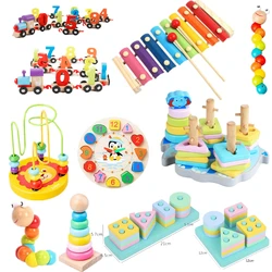 Montessori Cartoon Animal Educational Wooden Tetris Classic Toy Beaded Geometry Digital Clock Puzzles Small Train Christmas Gift