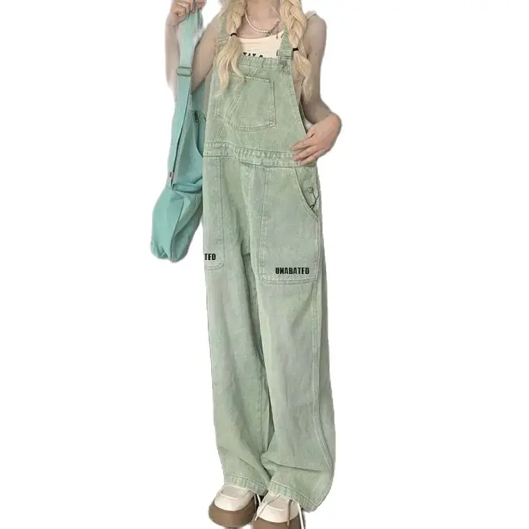 Braces Dnim Pants Light Green High Waist For Women Chic Spring Autumn Straight Loose Jeans Female Jumpsuit Streetwear