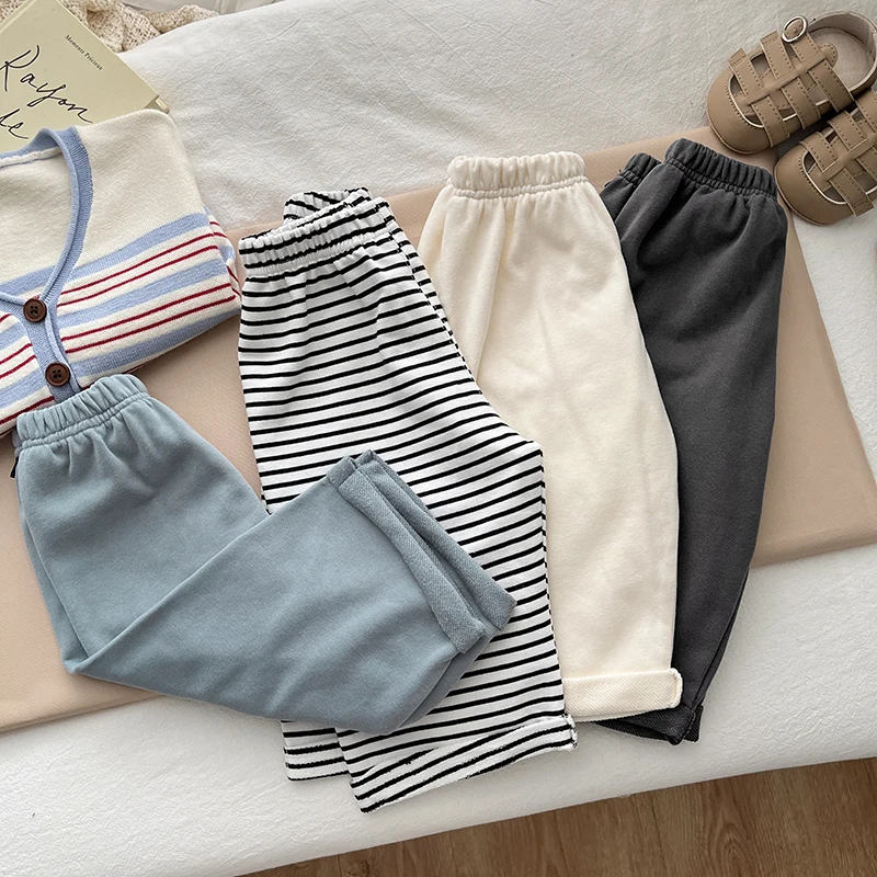 Spring And Autumn Newborn Baby Girls And Boys Trousers Cotton Simple Travel Solid Elastic Waist Korean Fashion Soft Casual 3