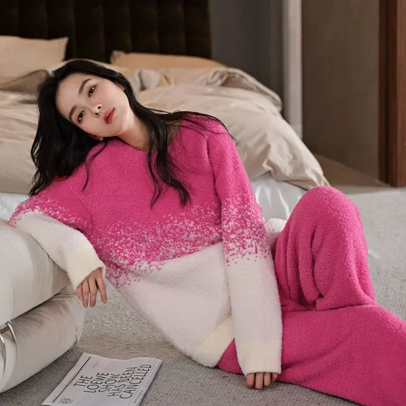 Women Pajamas Autumn Winter Female Coral Velvet Pajamas Round Collar Warm Padded Thickened Half Velvet Homewear Two-Piece Set