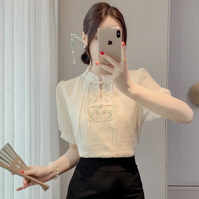Chiffon Chinese Style Women's Shirt Summer Vintage Embroidery Blouses Loose Short Sleeve Women Top Fashion Clothing 2024 Korean