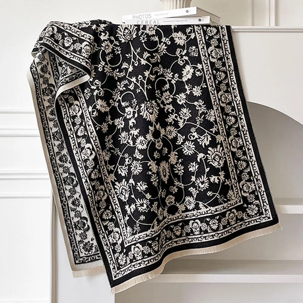 Thick Winter Poncho Women Scarf Luxury Floral Warm Shawl and Wrap Imitation Cashmere Pashmina Blacnket Design Bufanda Echarpe