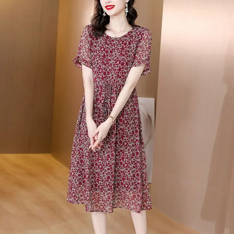 여성 크루넥 타이업, 프린트 스플라이스, 캐주얼 루즈핏, 얇은 반팔, 하이엔드 우아한 쉬폰 원피스, 여름 신상