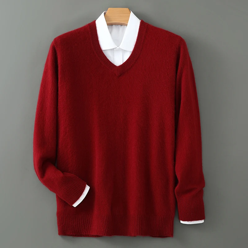 100% cashmere autumn and winter men's sweater, wool sweater, wool pullover sweater, thick bottom knitted V-neck loose warm top 4