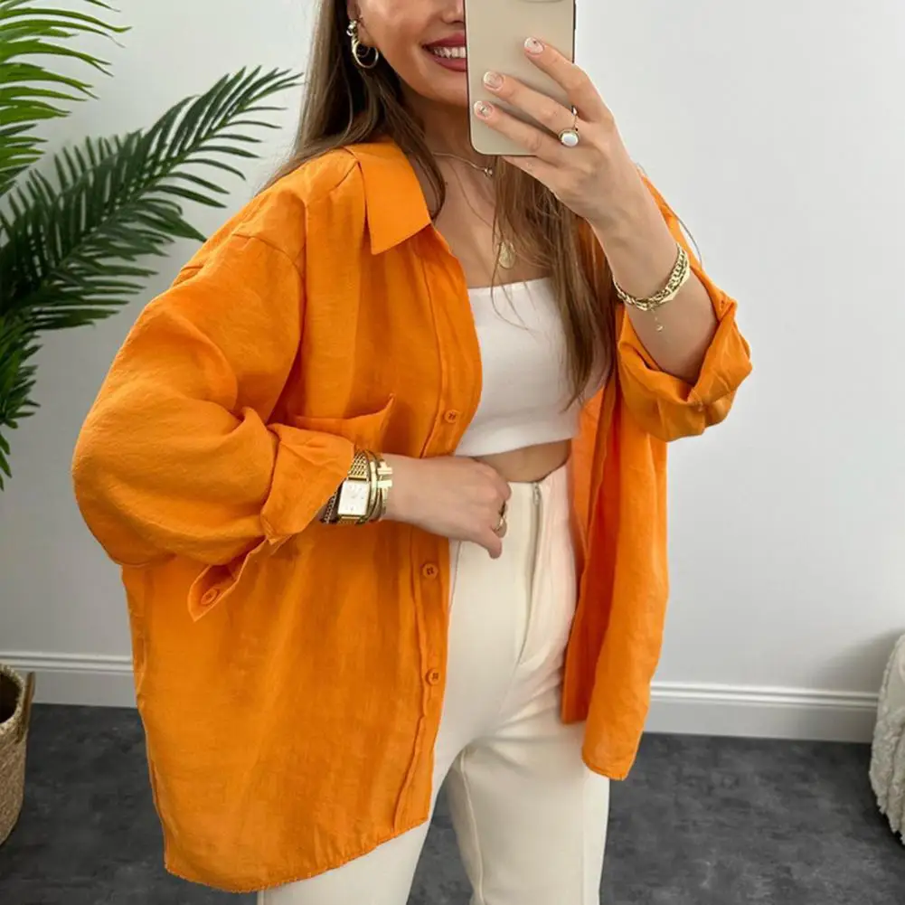 

Women Spring Autumn Shirt Loose Single-breasted Long Sleeve Casual Lapel Collar Shirt Patch Pocket Buttons Lady Blouse Tops