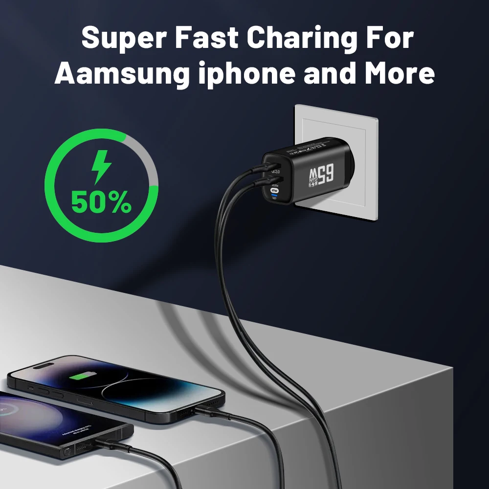 GaN Fast Charging 65W USB Type C Charger Quick Charge 3.0 Wall Adapter For iPhone 15 Xiaomi Huawei Samsung Mobile Phone Charger