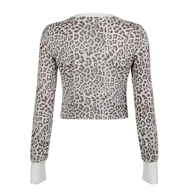 Stylish Women Leopard Print T-shirt Y2K Street Outfits Ribbed Long Sleeve Button Up Fitted Cropped Top Casual Retro