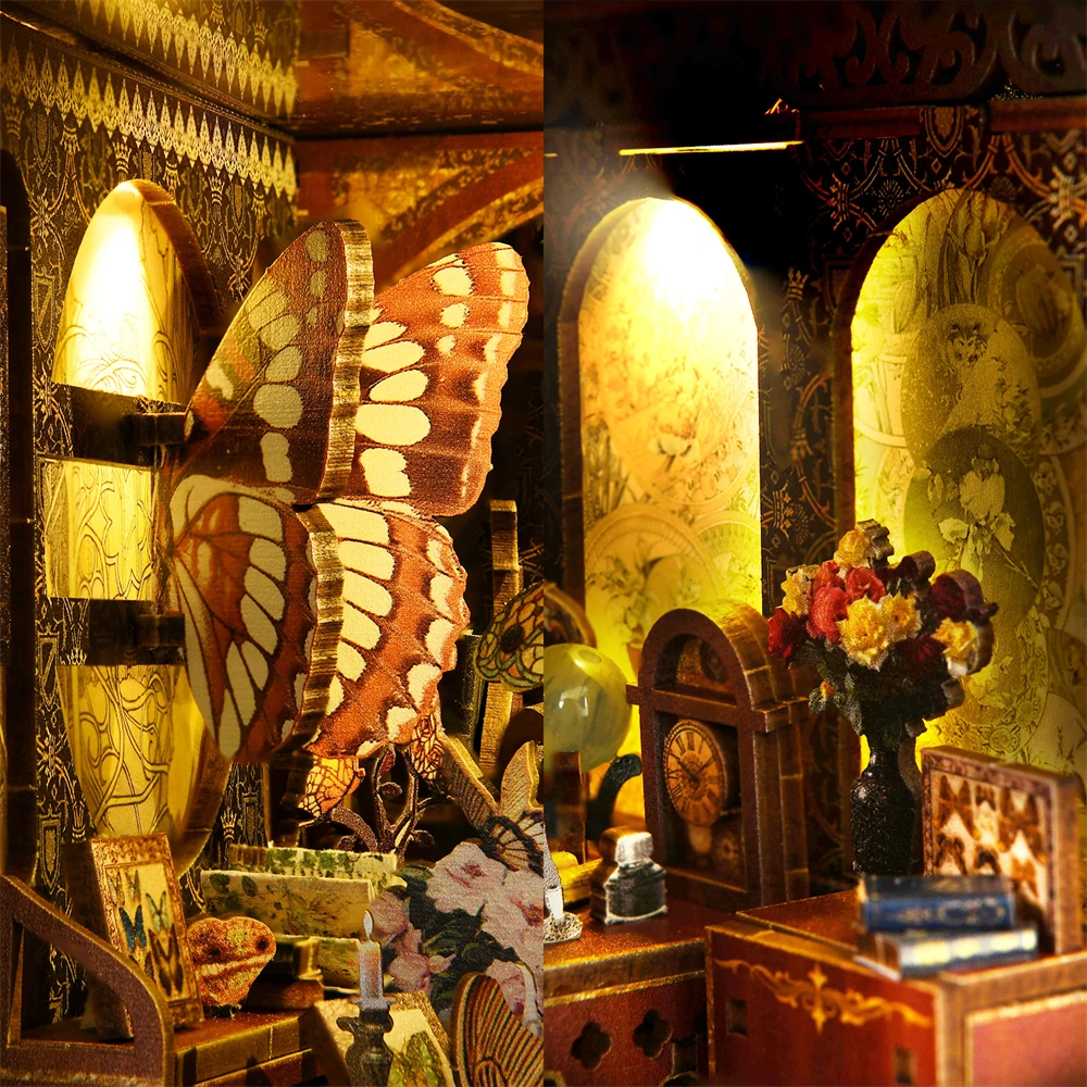 ASLOWSNAIL 나비 북 구석 키트, 나무 3D 퍼즐, DIY 인형의 집 책장 건물 모델 키트, 생산 하이 퀄리티 장난감