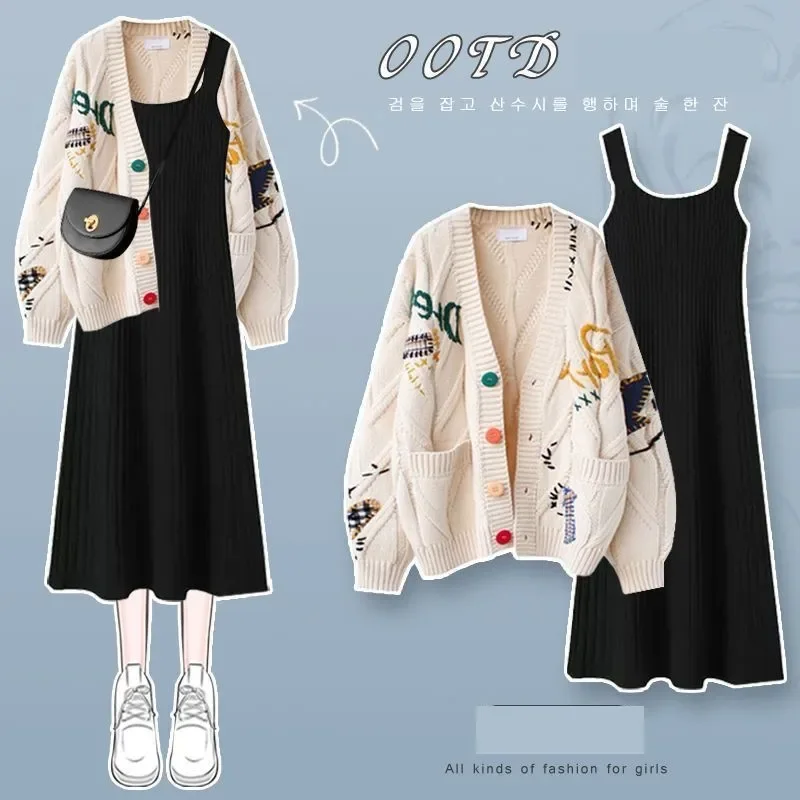 

Elegant Knitted Sweater Skirt Sets for Women Fashion Knitted Cardigan+suspender Skirt 2023Autumn Vintage Two Pieces Sets Outfits