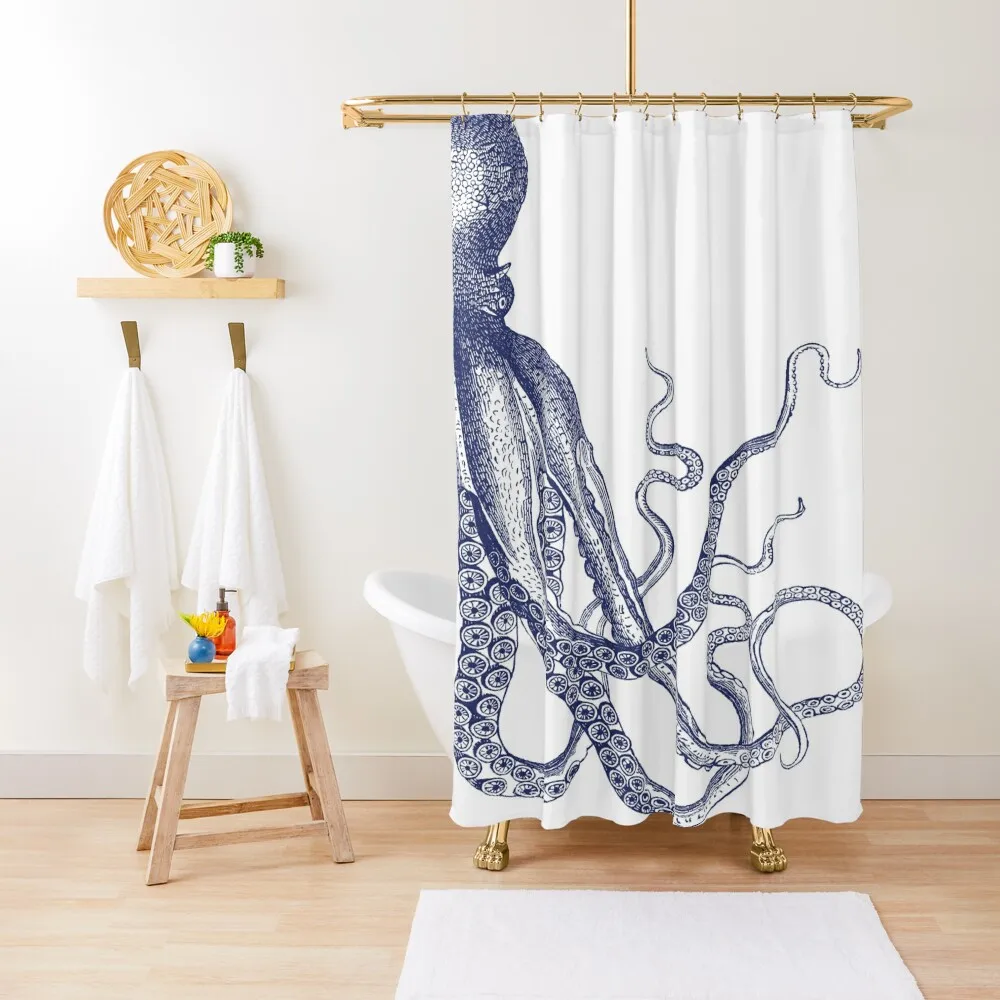 

Half Octopus Right Side Vintage Octopus Tentacles Sea Creatures Nautical Ocean Sea Beach Diptych Navy Blue and Wh Shower Curtain