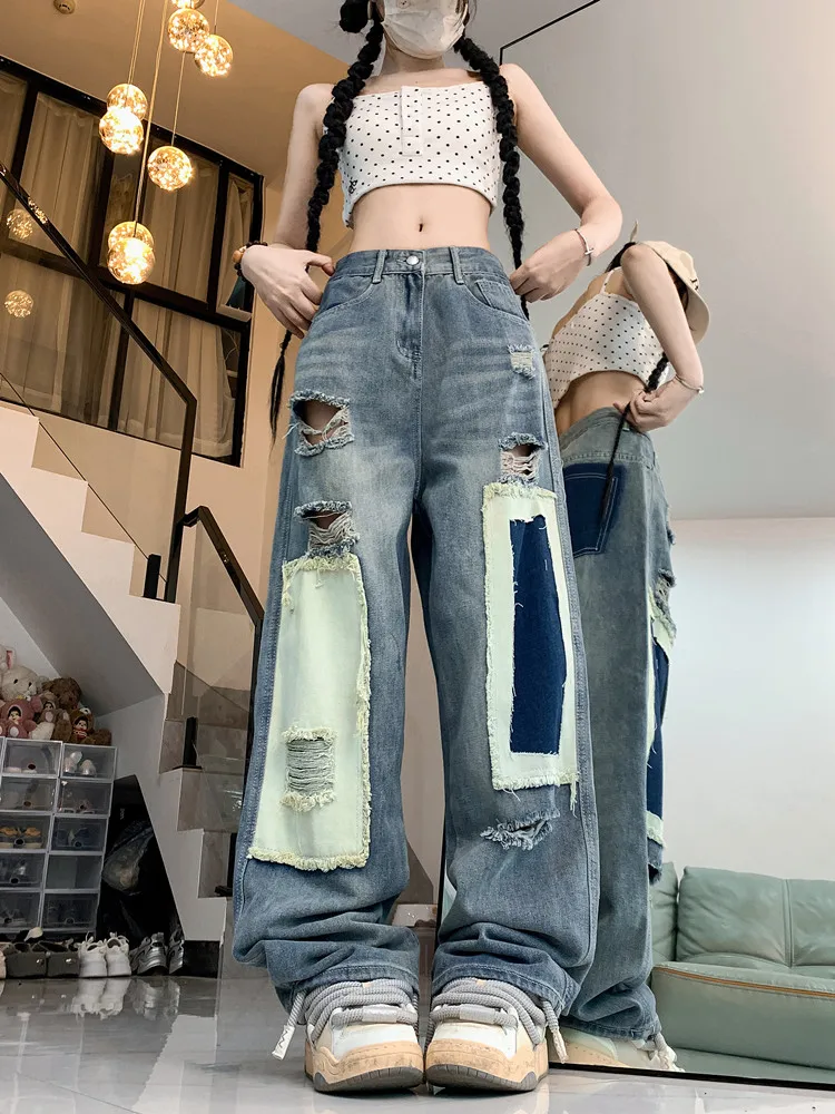 

2024 Women Casual Ripped Holes Denim Jeans Fashion High Waist Button Streetwear Long Pants Female Vintage Trousers