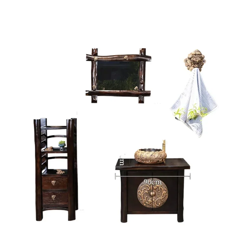 ~New Chinese bathroom cabinet solid wood washbasin combination cabinet retro balcony floor-standing integrated bathroom