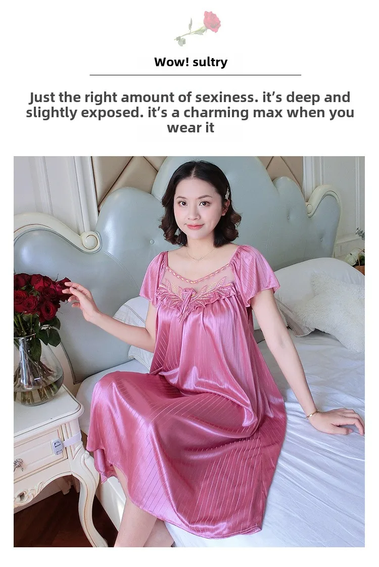 Ladies Nightdress Sexy Ice Lace Large Size Solid Color Flower Pajamas Thin Short-sleeved Lace Skirt Night Dress Women Dress