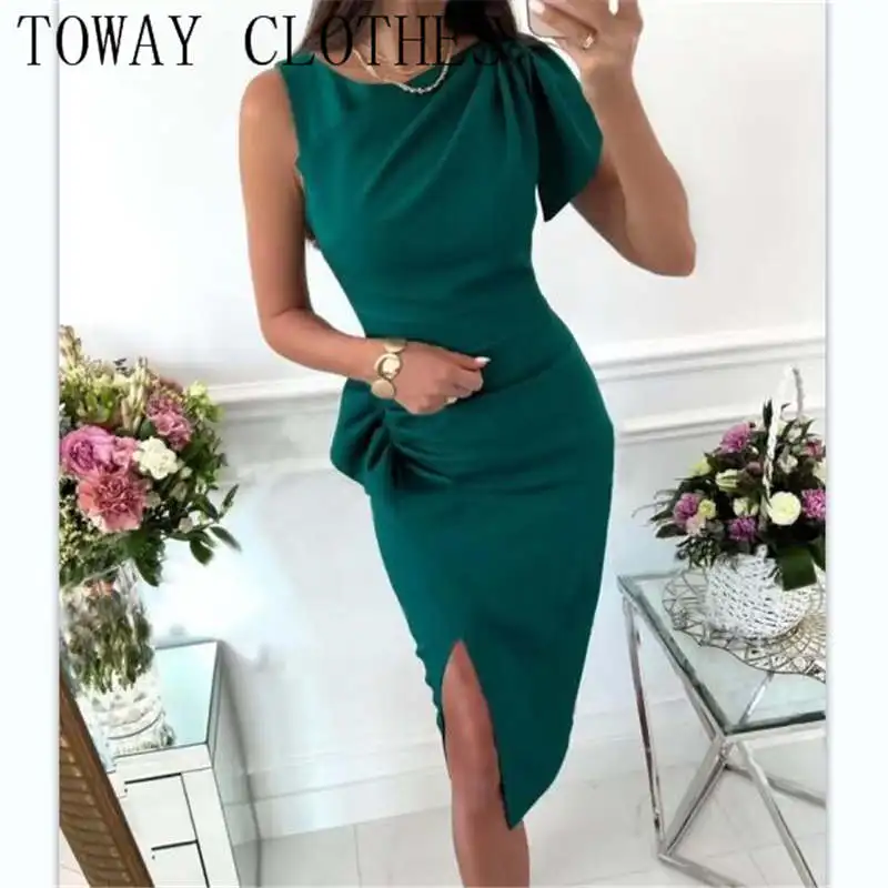 

Dress For Women 2022 Elegant Solid Sleeveless Ruffles Slit Ruched Party Dress Midi Party Bodycon Dresses
