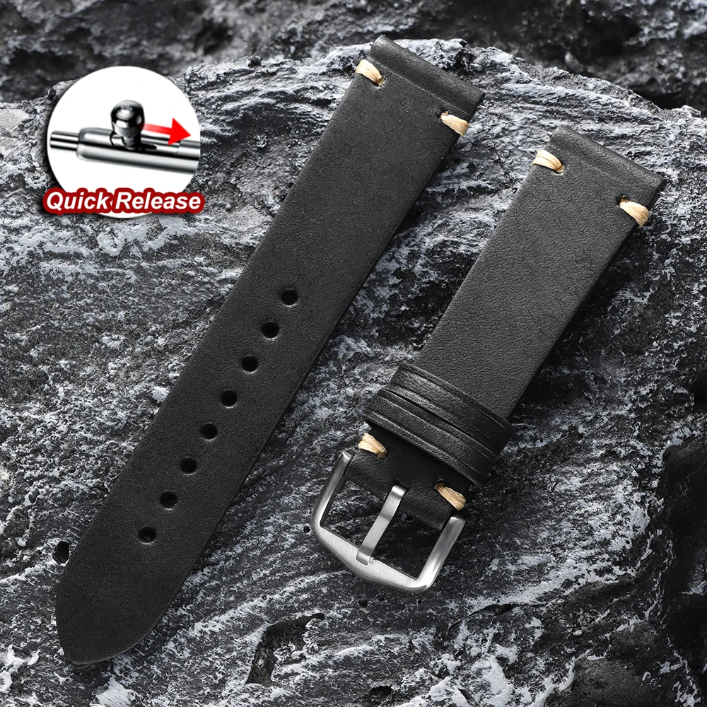 Vintage Retro Genuine Leather Watch Band - Quick Release Strap Bracelet Accessories