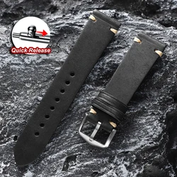 Vintage Retro Genuine Leather Watch Band - Quick Release Strap Bracelet Accessories - 20mm (Black)