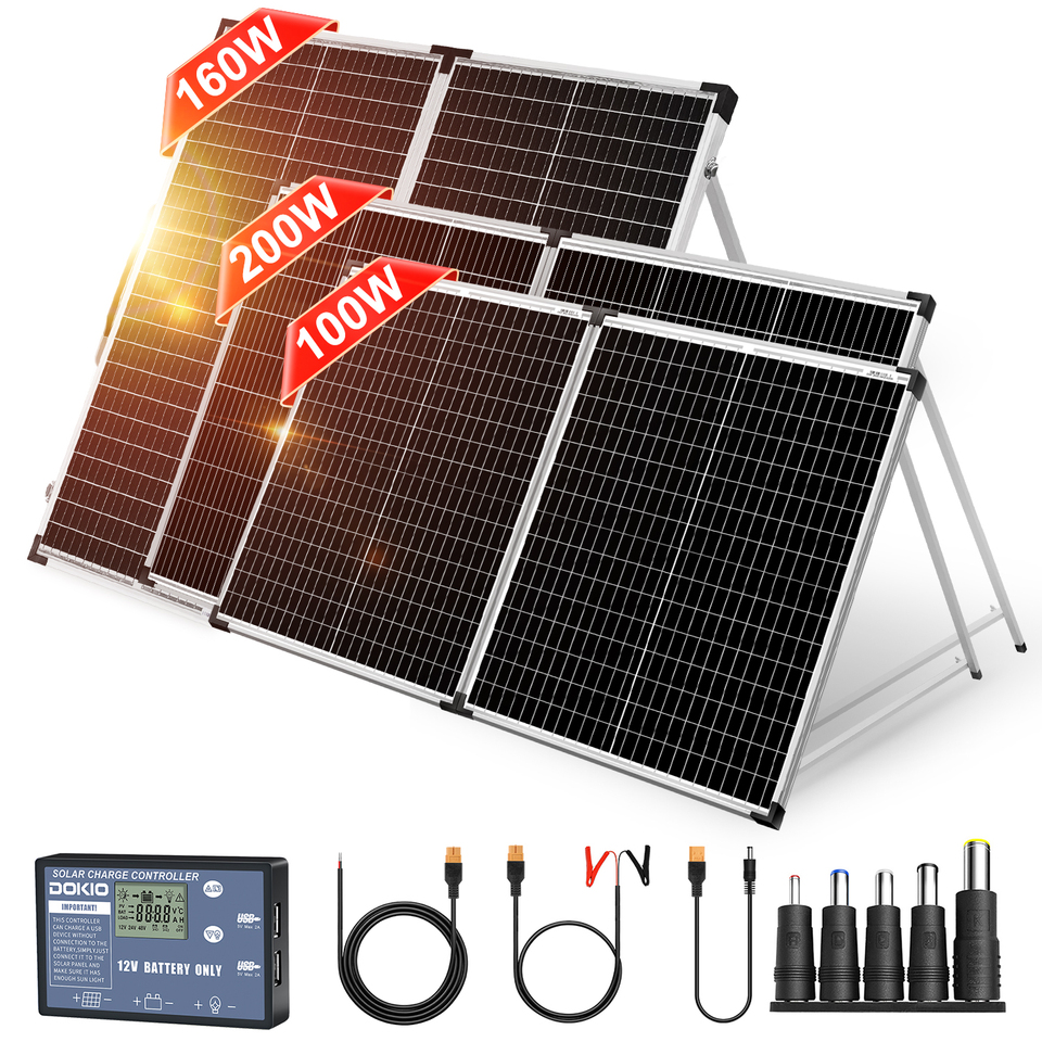 Dokio Ukraine Promotion 100W 160W 200W Foldable Solar Panel with 10A/20A Controller for 12V Battery Charging System