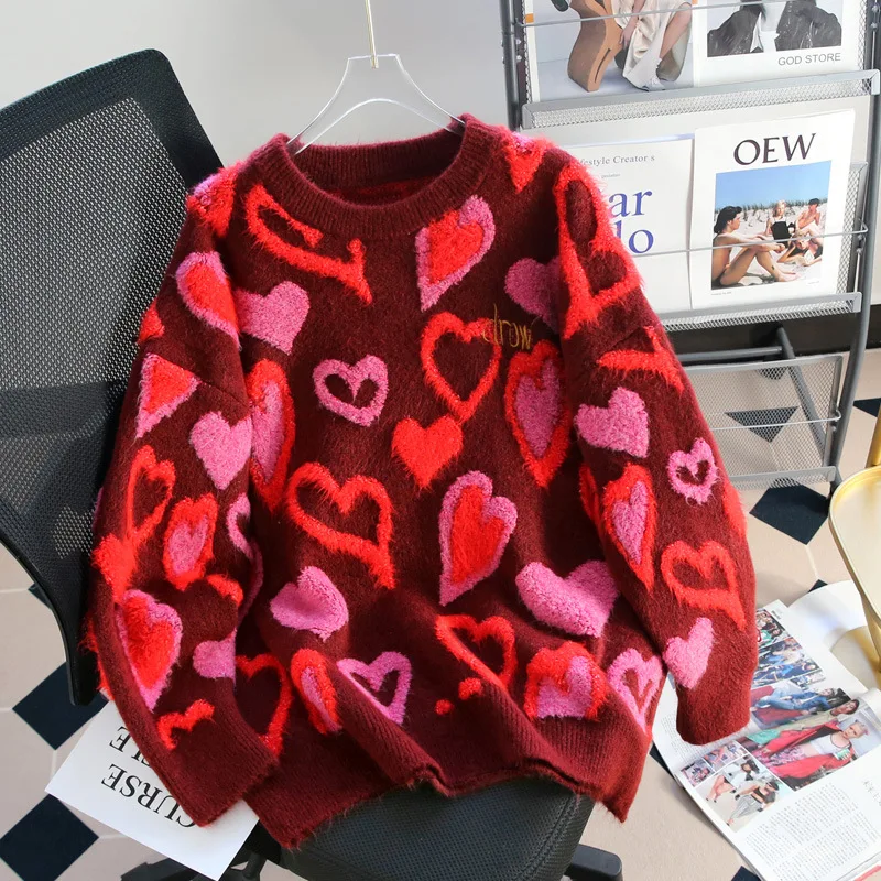 

Hsa Winter New Year Sweaters Pull Jumper red love sweater for women Tops autumn and winter thickened loose lazy style jacket