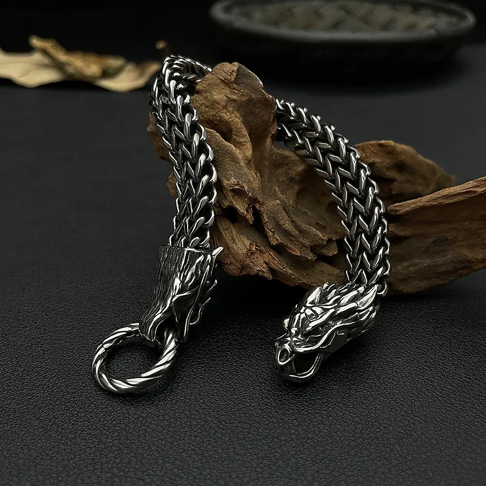 CHUANGCHENG Dragon Bracelet Viking Silver Stainless Steel Woven Mesh Chain Cuff Bracelet for Men's Fashion Punk Jewelry