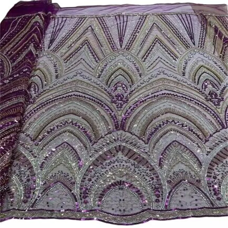 

African Lace Fabric Purple Handmade Beaded Lace Fabric France Sequins Nigerian Embroidery Bridal Mesh Lace Fabric For Sewing