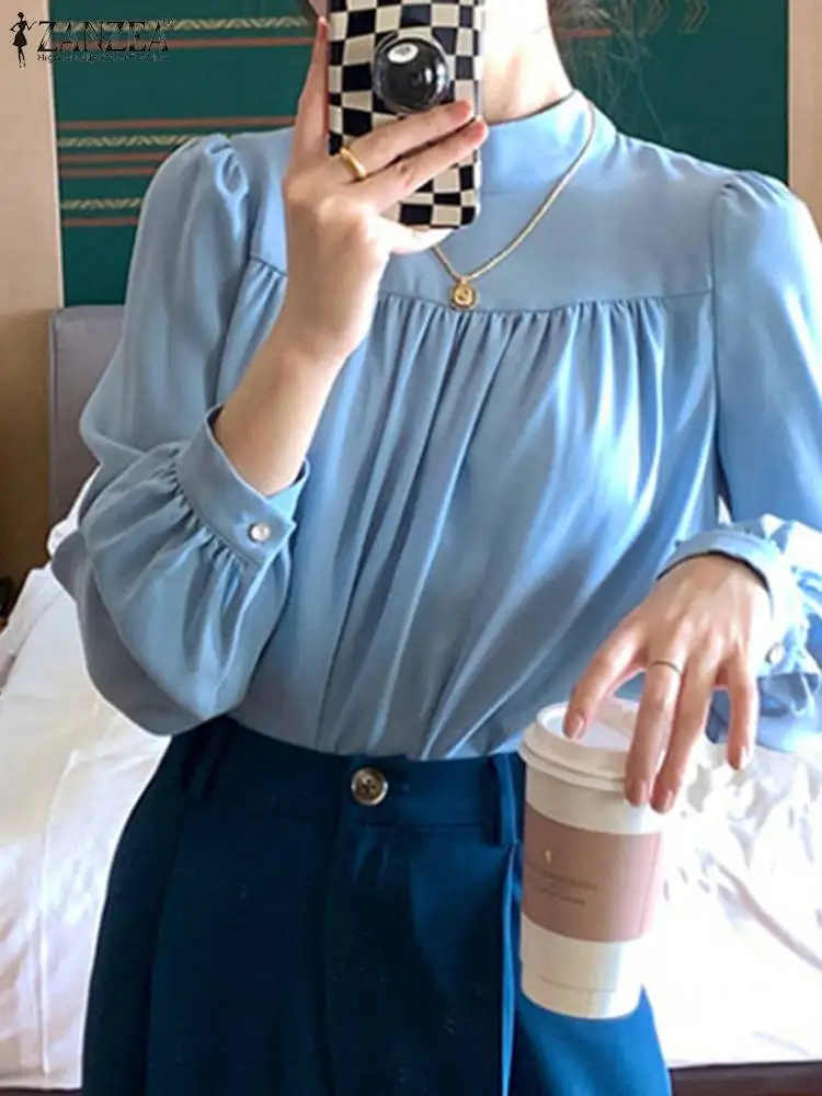 

ZANZEA Women Bow Tie Blouse Elegant Stand Neck Pink Tops 2024 Fashion Long Sleeve Chemise Casual Party Pleats Shirt Solid Blusas