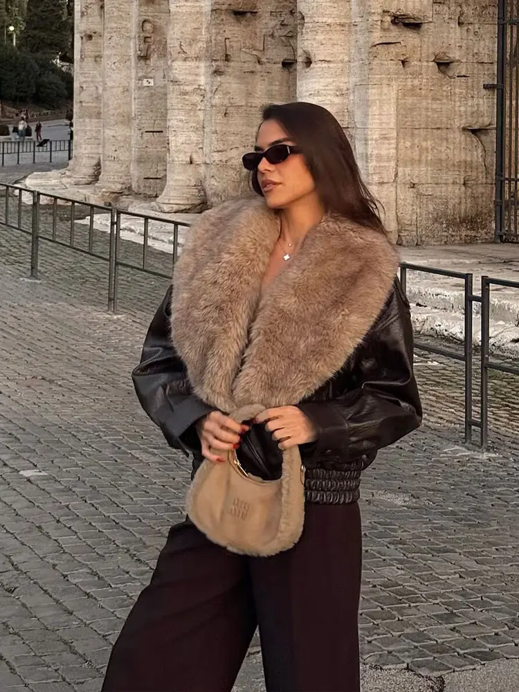 HH Winter Women Elegant Fashion Faux Fur Collar Jackets Long Sleeve Faux Leather Jacket Autumn Female Loose Casual Oversize Coat