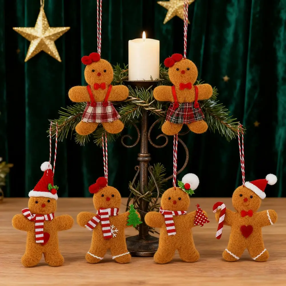 6Pcs 9-12cm Gingerbread Man Ornaments Fabric Figurine Christmas Tree Decorations Hanging Cloth For Holiday Home Party Decor