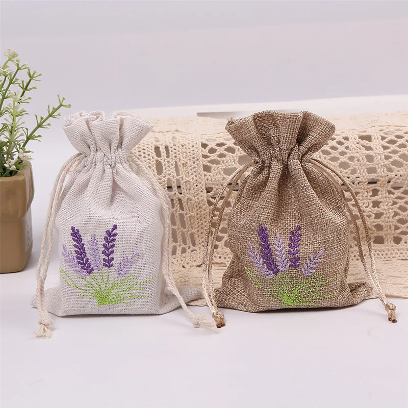 5 stücke 10X14 cm Stickerei Gedruckt Lavendel Nachahmung Hanf Tasche Hochzeit Party Kleine Geschenk Verpackung Tasche Hause Dekoration ornamente