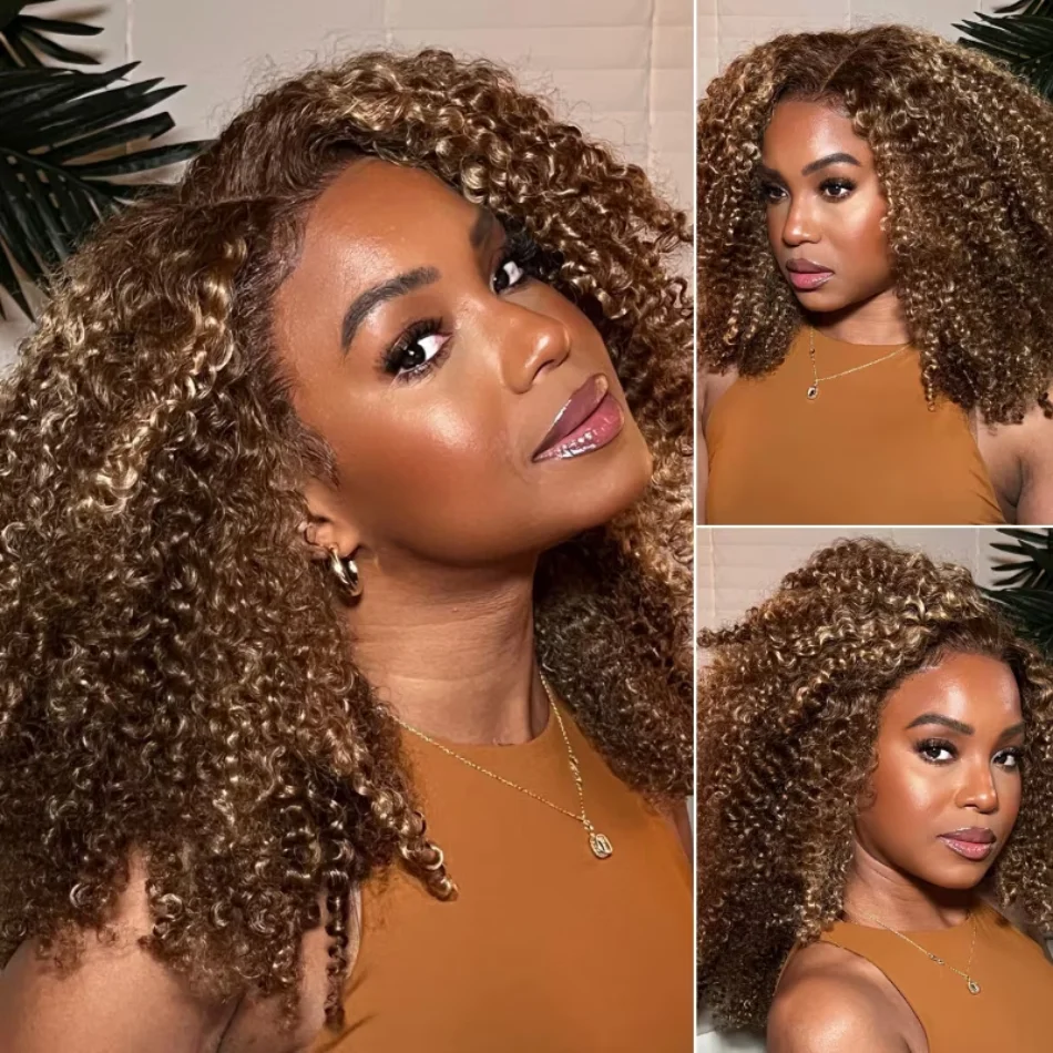 

UNice Hair Bye Bye Knots Wig Kinky Curly Ombre Highlight Piano Brown 7x5 Lace Front Wig for Women Pre Plucked Glueless Wigs