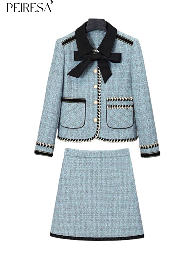 

PEIRESA 2023 Autumn Winter New In Tweed Skirt 2 Piece Sets Women Outfit Color Block Bow Lapel Short Jacket Coat + Mini Skirt