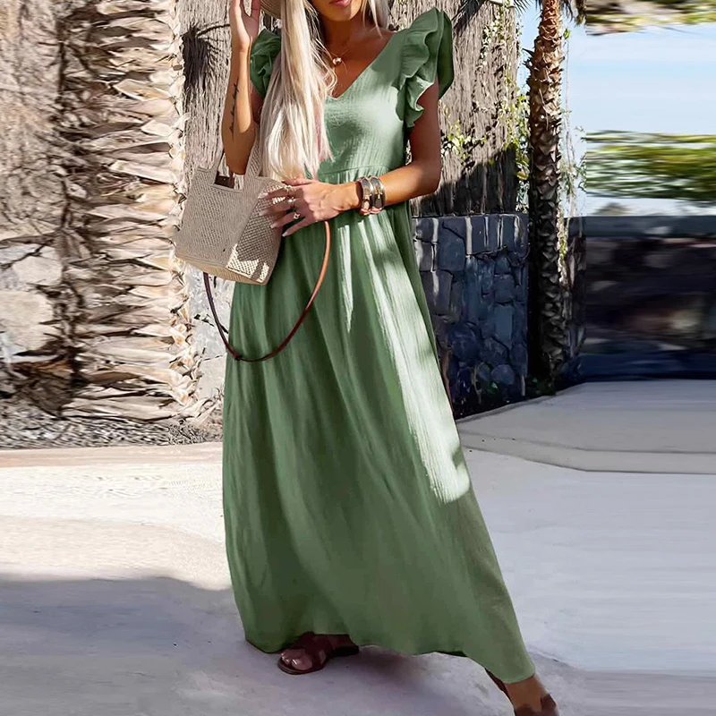 

Elegant Flying Sleeve Backless Sexy Party Dress Summer Casual Solid Color Long Dress Women V Neck Sleeveless Holiday Beach Dress