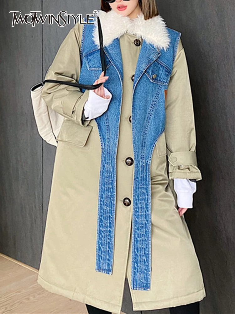 

TWOTWINSTYLE Korean Two Peice Set Somen Lapel Long Sleeve Single Breasted Coats Denim Notched Vests Colorblock Female Sets New