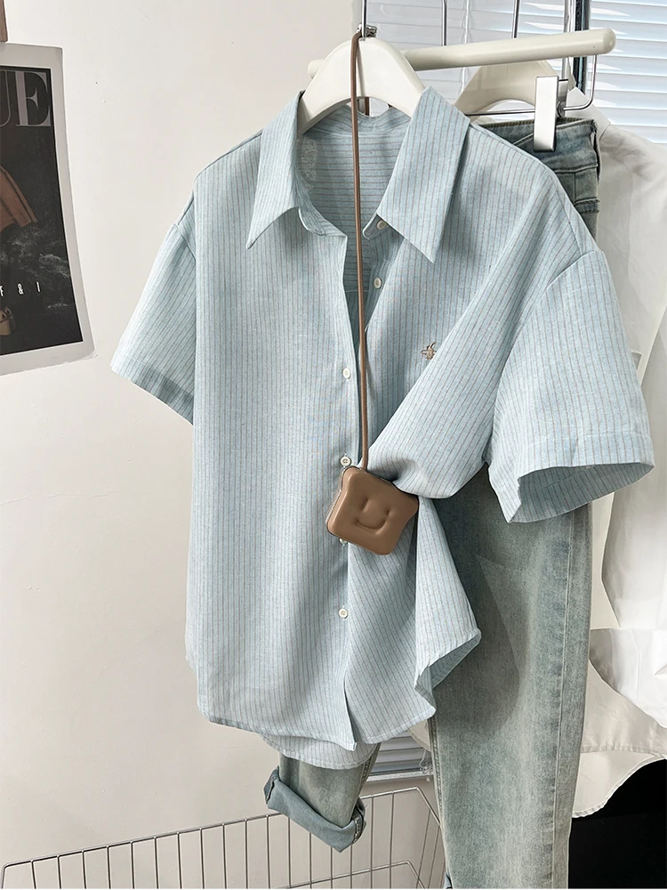 

Женская рубашка в голубую полоску, однобортная рубашка с отложным воротником и коротким рукавом, Свободная Повседневная блузка, модные Универсальные Топы