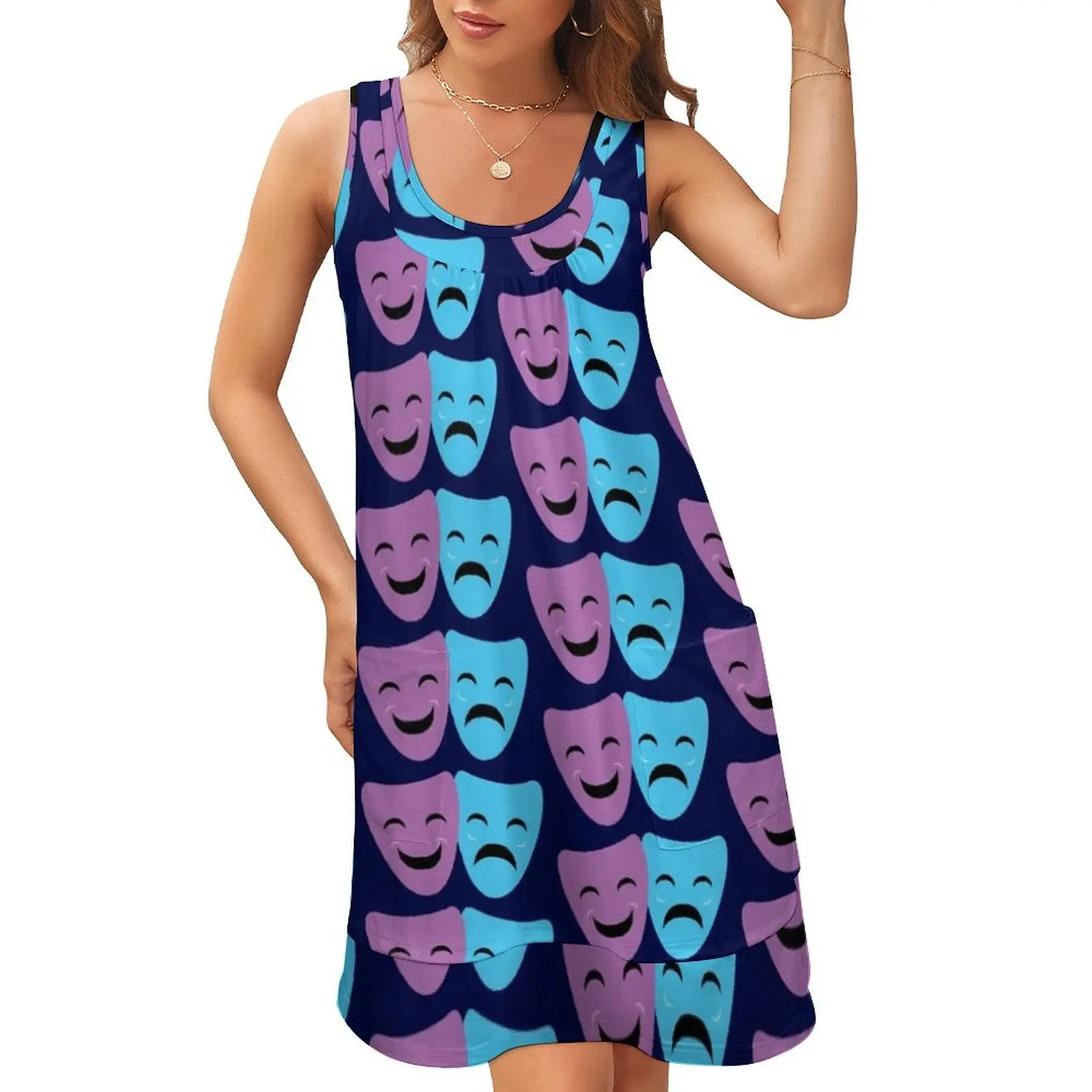 

Blue and Purple Comedy and Tragedy Drama Masks Sleeveless U-Neck Fake Two Piece Dress clothes women's summer dress 2024