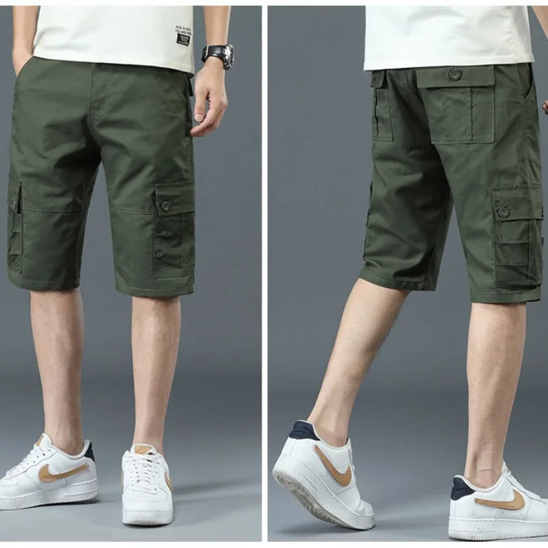 Men's 5-point Multiple Pockets Casual Summer Thin Pure Cotton Work Shorts Trend Loose Breeches Fashion Sports Pants