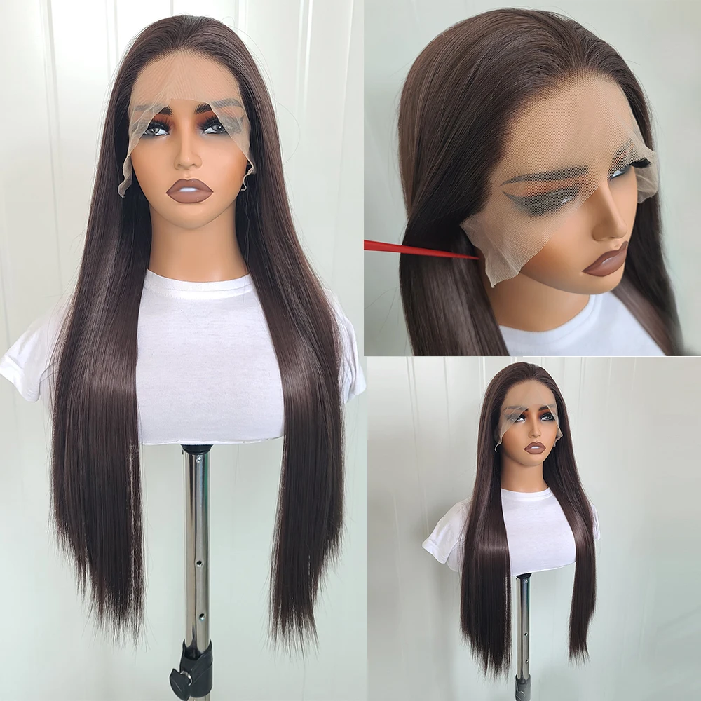Chocolate Brown Silky Straight Sysnthetic Hair Lace Front Wigs for Black Women Glueless Transparent Long 180Density Lace Wigs