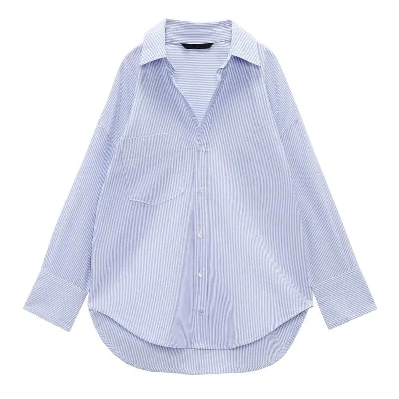 

Autumn New Long Sleeved Lapel Loose Casual Pocket With Striped Oxford Shirt