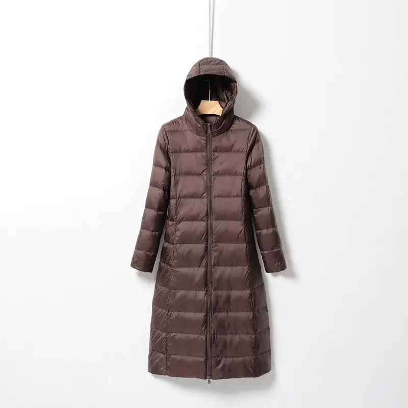 Women's Lightweight Down Jacket Long White Duck Down Coat Hooded Slim Fit Thin Winter Outerwear Puffer Jacket Women JK-071