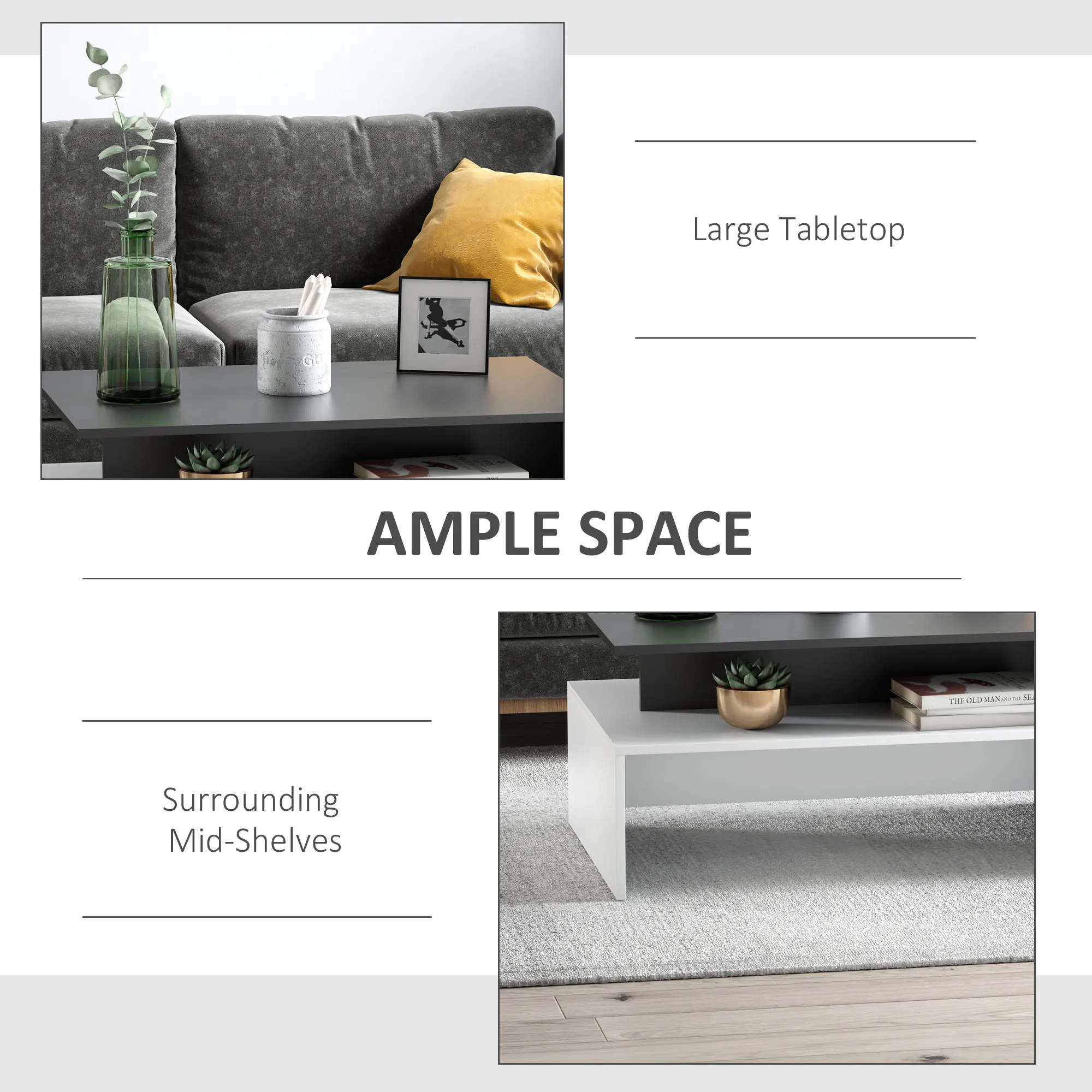 Two-Tone Color Geometric Shape Sofa End Table with Storage Shelving, Black/White 2