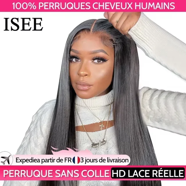 ISEE cheveux sans colle perruques cheveux humains prêt à porter droite sans colle pré-plumée porter et Go perruques 7x5HD dentelle avant perruques pré-coupées dentelle 1